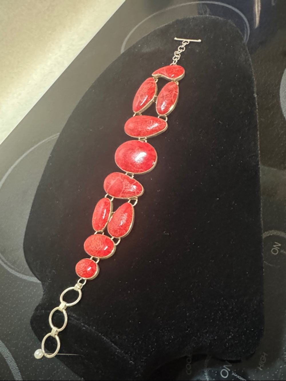 Red coral Oval Stone Statement adjustable Bracelet -set In 925 silver